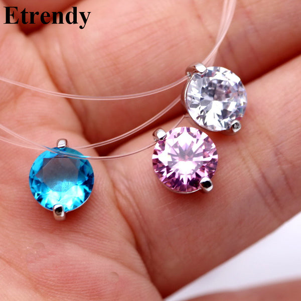 Invisible Line Colorful Zircon Choker Necklace Women New Fashion Jewelry Cute Gift Whie Pink Blue