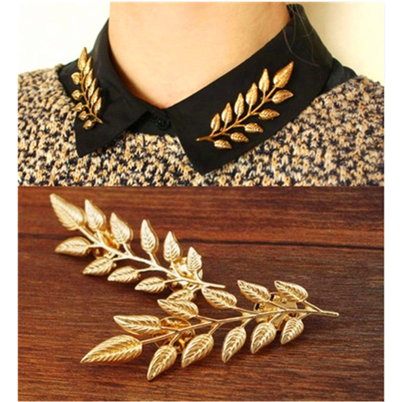 1 Pair New Arrival Exquisite Fashion Leaf Collar Pin Brooch, Europe and America leaves retro shirt creative golden brooch Z08