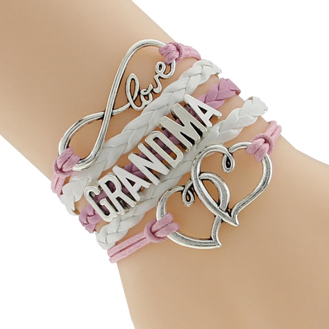 Pink With White Leather Braid Cord Silver Infinity Love Grandma Bracelet Charm Heart For Xmas Gift