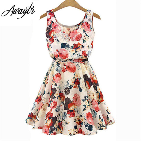 Women Summer Dress 2017 Brand Fashion New  Apricot Sleeveless O-Neck Florals Print Pleated Party Clubwear Formal Dress