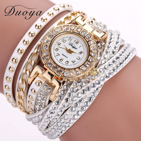 Duoya Brand Watches For Women Gold Fashion Bracelet Crystal Rhinestone Wristwatch Leather Casual Electronic Quartz Clock Watch