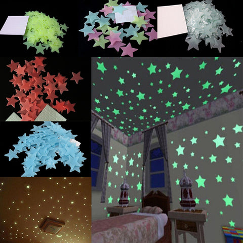 100pcs 3cm diameter 3D Stars Glow In The Dark Luminous Fluorescent Plastic Wall Stickers Home Decor Decals 5 Color Choose