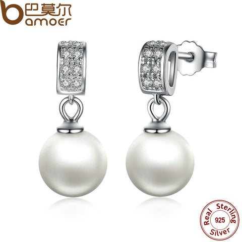 BAMOER Drop Earrings Fine Jewelry Female Drop Earrings Jewelry with Pearls Earrings 925 Sterling Silver Jewelry SCE006