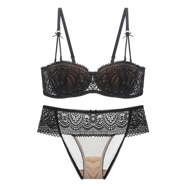 New young Half Cup bra set Plus Size D E cup Plunge thin womens bras Sexy lace underwear sets black cotton embroidery brassiere