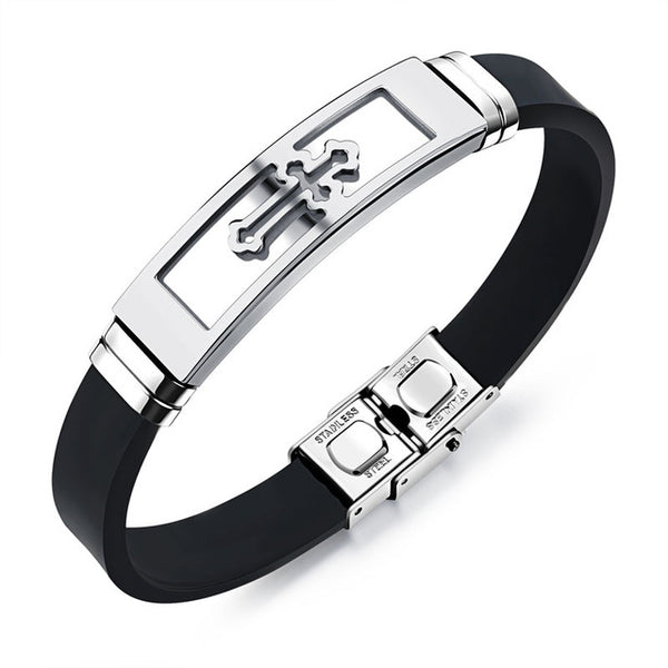 Fate Love Silicone Stainless Steel Cross Bracelet Bangle For Men Silver Gold Black Wristband Masculine Cool Jewelry 1086