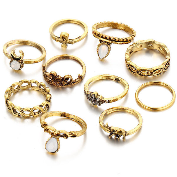 17KM 10pcs/Set Gold Color Flower Midi Ring Sets for Women Silver Color Boho Beach Vintage Turkish Punk Elephant Knuckle Ring