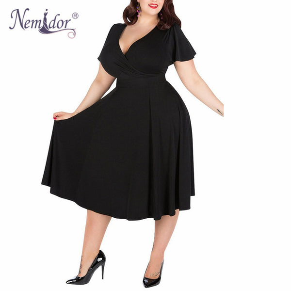 Nemidor Women Sexy V-neck Short Sleeve 50s Party A-line Dress Elegant Stretchy Midi Plus Size 7XL 8XL 9XL Cocktail Swing Dress