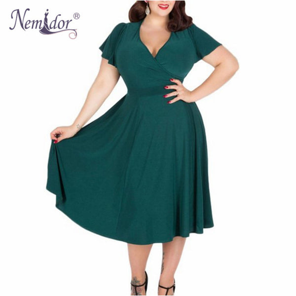 Nemidor Women Sexy V-neck Short Sleeve 50s Party A-line Dress Elegant Stretchy Midi Plus Size 7XL 8XL 9XL Cocktail Swing Dress