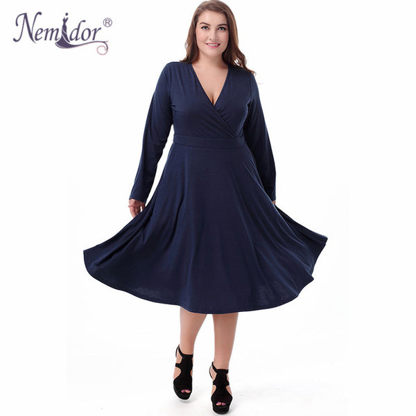 Nemidor Women Sexy V-neck Short Sleeve 50s Party A-line Dress Elegant Stretchy Midi Plus Size 7XL 8XL 9XL Cocktail Swing Dress