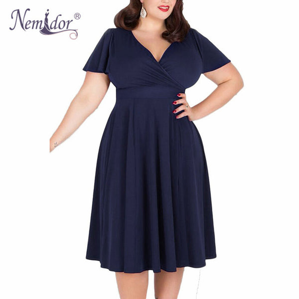 Nemidor Women Sexy V-neck Short Sleeve 50s Party A-line Dress Elegant Stretchy Midi Plus Size 7XL 8XL 9XL Cocktail Swing Dress