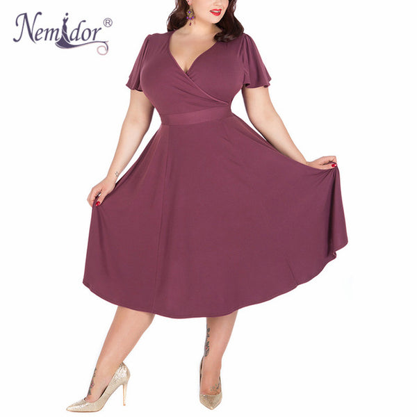 Nemidor Women Sexy V-neck Short Sleeve 50s Party A-line Dress Elegant Stretchy Midi Plus Size 7XL 8XL 9XL Cocktail Swing Dress