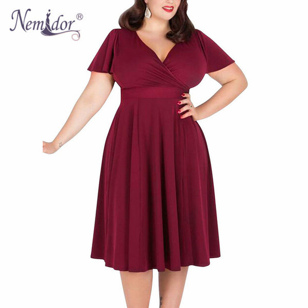 Nemidor Women Sexy V-neck Short Sleeve 50s Party A-line Dress Elegant Stretchy Midi Plus Size 7XL 8XL 9XL Cocktail Swing Dress