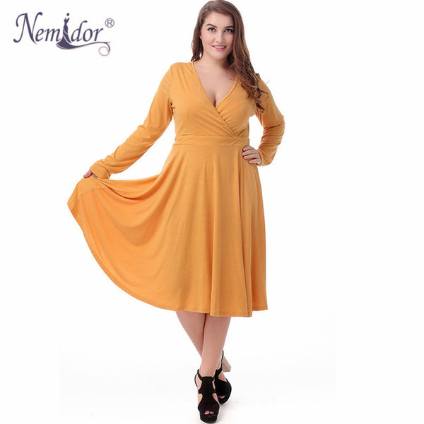 Nemidor Women Sexy V-neck Short Sleeve 50s Party A-line Dress Elegant Stretchy Midi Plus Size 7XL 8XL 9XL Cocktail Swing Dress