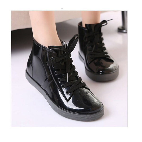 Shoes Women Lace-Up Rain Boots Fashion Solid Flats Shoes Casual Round Toe Women Ankle Boots Jelly Waterproof Shoes Martin Boots