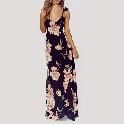 HDY Haoduoyi Fashion Floral Print Dress Women Backless Split Maxi Dress Deep V-neck Sexy Party Dress Casual Bohemian Dresses