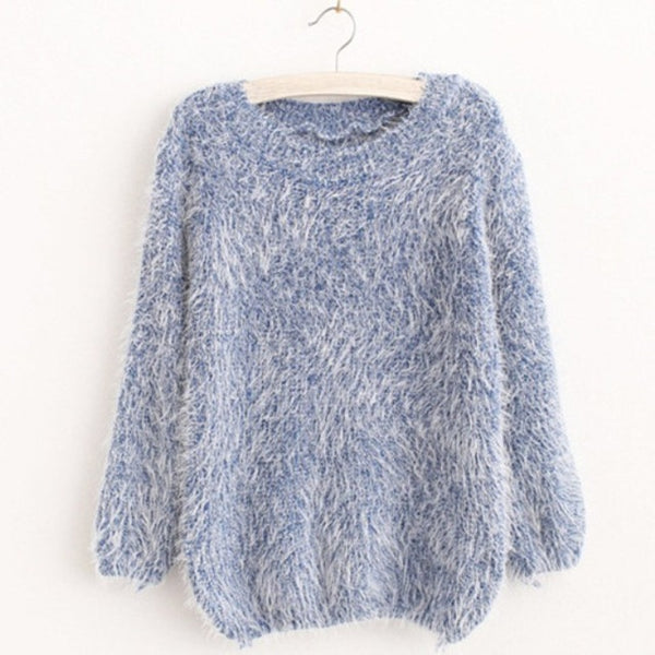 Women Fashion Autumn Winter Warm Mohair O-Neck Women Pullover Long Sleeve Casual Loose Sweater Knitted Tops