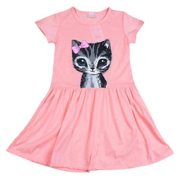 Toddler Baby Girl Kid Princess Casual Party Cat Print Summer Shirt Dress Clothes S01