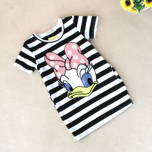 Malayu Baby 2016 latest summer girls striped dress children cartoon Donald Duck, the two sides in my pocket dress 2-7 years A122