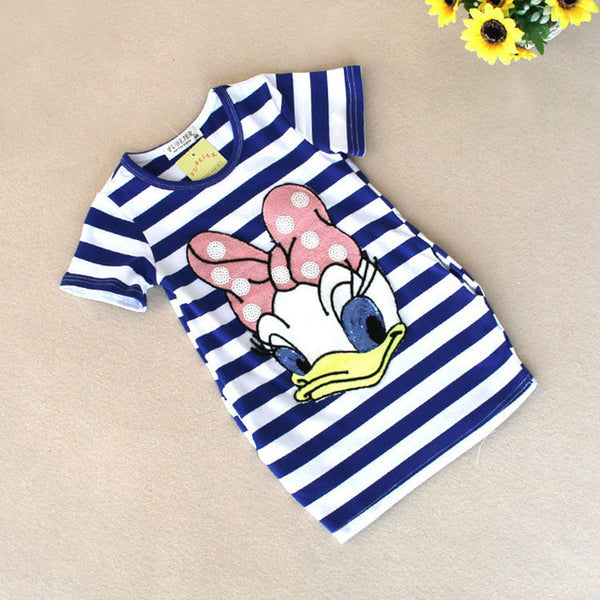 Malayu Baby 2016 latest summer girls striped dress children cartoon Donald Duck, the two sides in my pocket dress 2-7 years A122