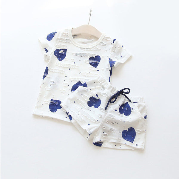 2pcs/sets,Casual Kids Clothing Baby Girls Clothes Sets Summer Heart Printed Girl Tops Shirts + Shorts Suits Children's Clothing