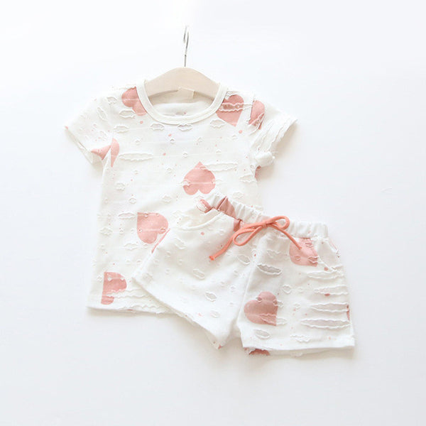 2pcs/sets,Casual Kids Clothing Baby Girls Clothes Sets Summer Heart Printed Girl Tops Shirts + Shorts Suits Children's Clothing