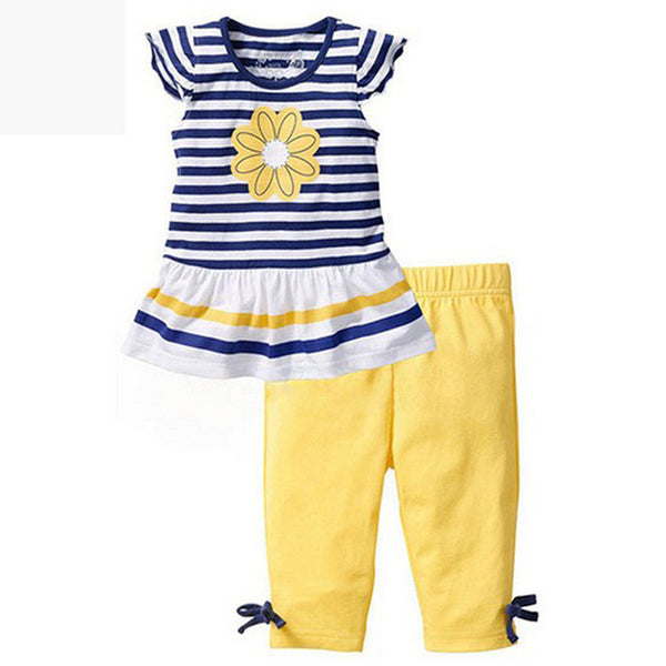 Summer Flower Girls Clothing Sets Baby Kids Clothes Suit Striped Short Sleeve T-shirt + Pants Girls Clothes Children Clothing
