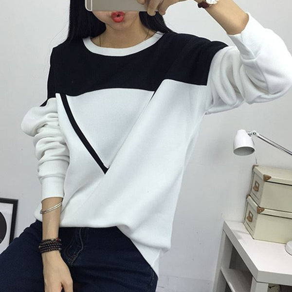 2017 Winter New Fashion Black and White Spell Color Patchwork Hoodies Women V Pattern Pullover Sweatshirt Female Tracksuit M-XXL