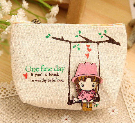 Cute Canvas Coin Bag Lovely Girls The Swing Holder Purse Small Zipper Wallet Card Purse Zip Key Case Money Clip