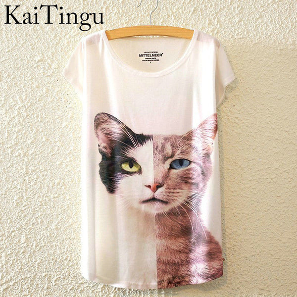 KaiTingu 2016 Brand New Fashion Summer Harajuku Animal Cat Print Shirt O-Neck Short Sleeve T Shirt Women Tops White T-shirt