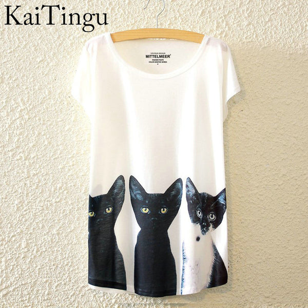 KaiTingu 2016 Brand New Fashion Summer Harajuku Animal Cat Print Shirt O-Neck Short Sleeve T Shirt Women Tops White T-shirt