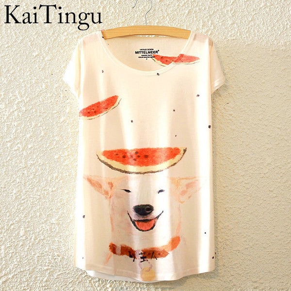 KaiTingu 2016 Brand New Fashion Summer Harajuku Animal Cat Print Shirt O-Neck Short Sleeve T Shirt Women Tops White T-shirt