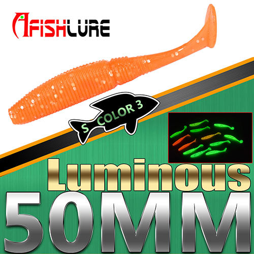 15pcs/lot Luminous Paddle Tail Soft Grubs 1g 50mm Glow in Dark T Tail Lure Jig Head soft lure for bass Fishing Mandarin fishing