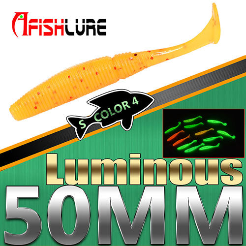 15pcs/lot Luminous Paddle Tail Soft Grubs 1g 50mm Glow in Dark T Tail Lure Jig Head soft lure for bass Fishing Mandarin fishing