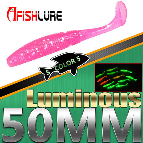 15pcs/lot Luminous Paddle Tail Soft Grubs 1g 50mm Glow in Dark T Tail Lure Jig Head soft lure for bass Fishing Mandarin fishing