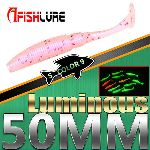 15pcs/lot Luminous Paddle Tail Soft Grubs 1g 50mm Glow in Dark T Tail Lure Jig Head soft lure for bass Fishing Mandarin fishing