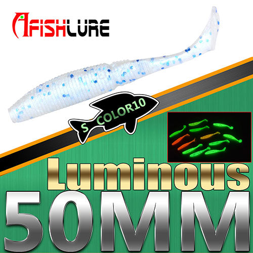 15pcs/lot Luminous Paddle Tail Soft Grubs 1g 50mm Glow in Dark T Tail Lure Jig Head soft lure for bass Fishing Mandarin fishing