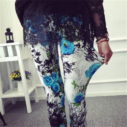 New 2017 Spring National Ethnic Style Retro Graffiti  Paintings Printing Flowers Trousers Printed High Elasticity Leggings