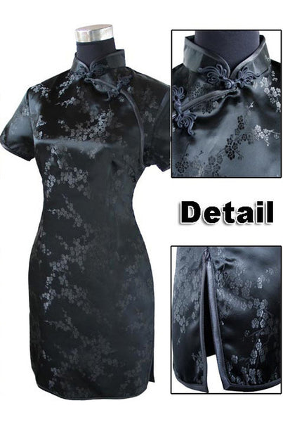 Black Traditional Chinese Dress Mujer Vestido Women's Satin Qipao Mini Cheongsam Flower Size S M L XL XXL XXXL 4XL 5XL 6XL J4039