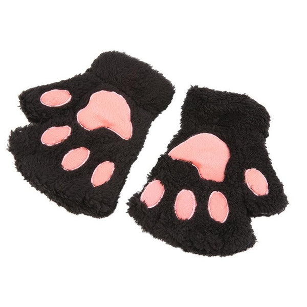 Lovely Women Bear Cat Claw Paw Mitten Plush Gloves Winter Half Finger Fingerless Gloves Mittens Ladies Half Cover Female Gloves