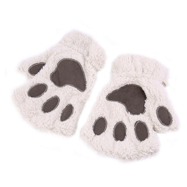 Lovely Women Bear Cat Claw Paw Mitten Plush Gloves Winter Half Finger Fingerless Gloves Mittens Ladies Half Cover Female Gloves