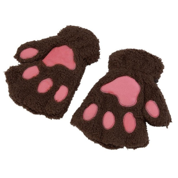 Lovely Women Bear Cat Claw Paw Mitten Plush Gloves Winter Half Finger Fingerless Gloves Mittens Ladies Half Cover Female Gloves