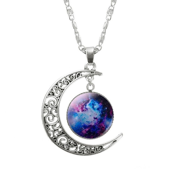 1 Pcs Hollow Moon & Glass Galaxy Statement Necklaces Silver Chain Pendants 2016 New Fashion Jewelry Collares Friend Best Gifts