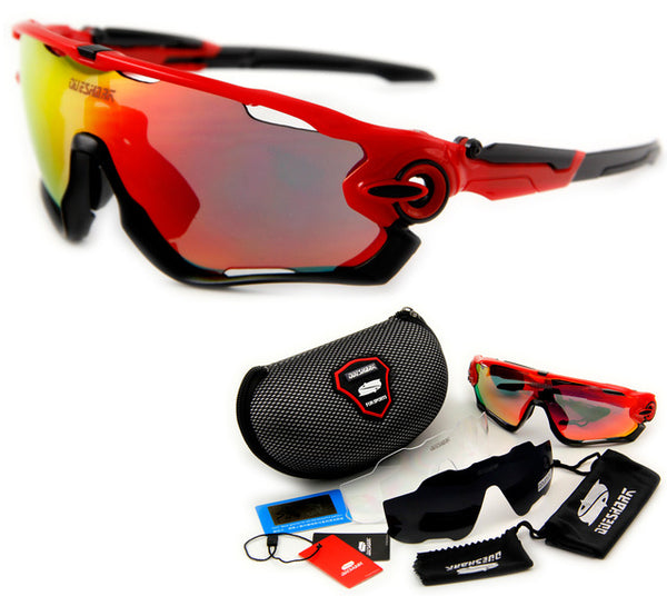 Queshark Brand Tour De France Polarized Cycling Sunglasses Cycling Glasses Bicycle Bike Goggle 3 Pair Lens Full Red