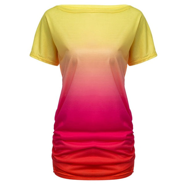 VESTLINDA Summer Women Tops Dye Print Tee Shirts Short Sleeve Gradient Color Casual One Shoulder Slash Neck Loose T Shirt Top