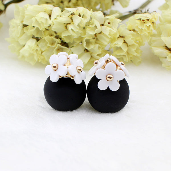 Fashion simulated pearl ball Earrings flower hiphop korea two side Jewelry Double side Stud Earring white statement For Women