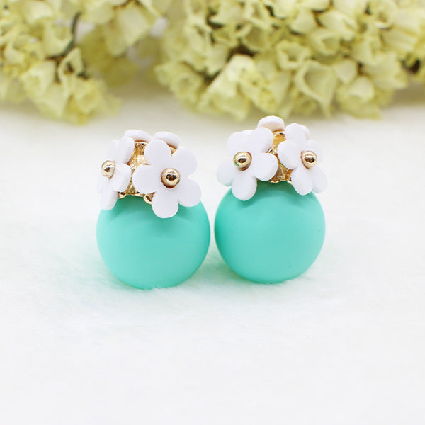 Fashion simulated pearl ball Earrings flower hiphop korea two side Jewelry Double side Stud Earring white statement For Women