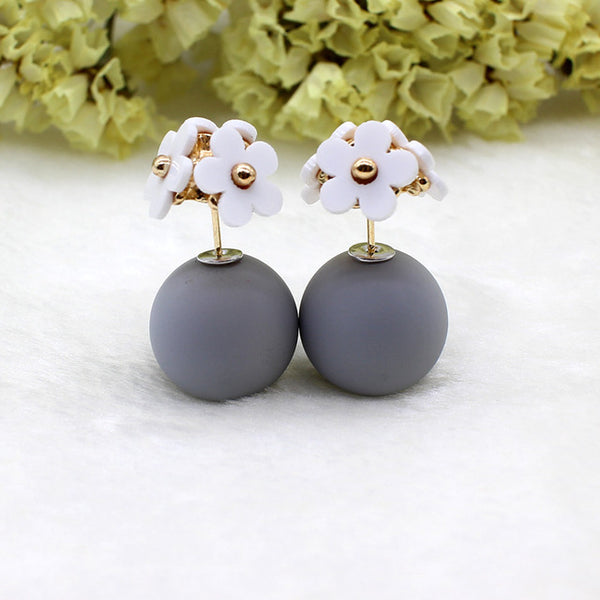 Fashion simulated pearl ball Earrings flower hiphop korea two side Jewelry Double side Stud Earring white statement For Women