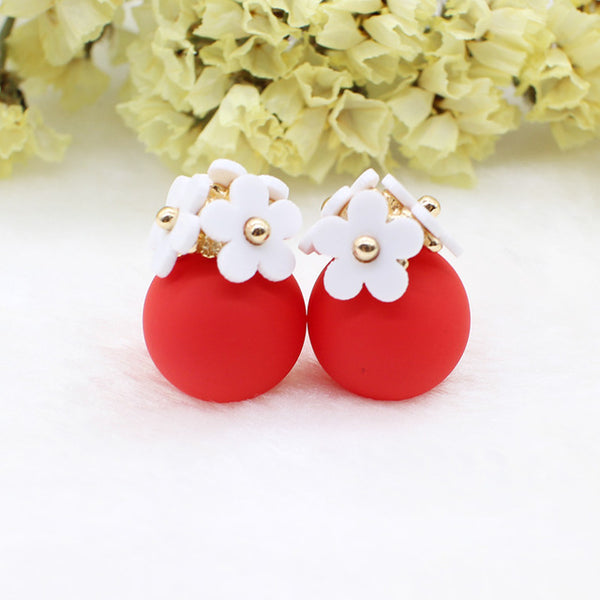 Fashion simulated pearl ball Earrings flower hiphop korea two side Jewelry Double side Stud Earring white statement For Women