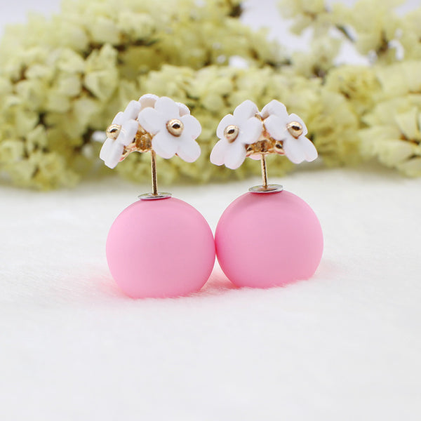 Fashion simulated pearl ball Earrings flower hiphop korea two side Jewelry Double side Stud Earring white statement For Women