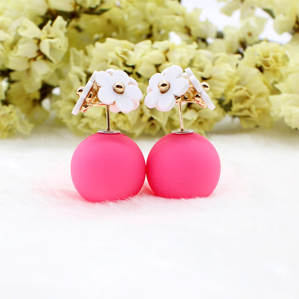 Fashion simulated pearl ball Earrings flower hiphop korea two side Jewelry Double side Stud Earring white statement For Women